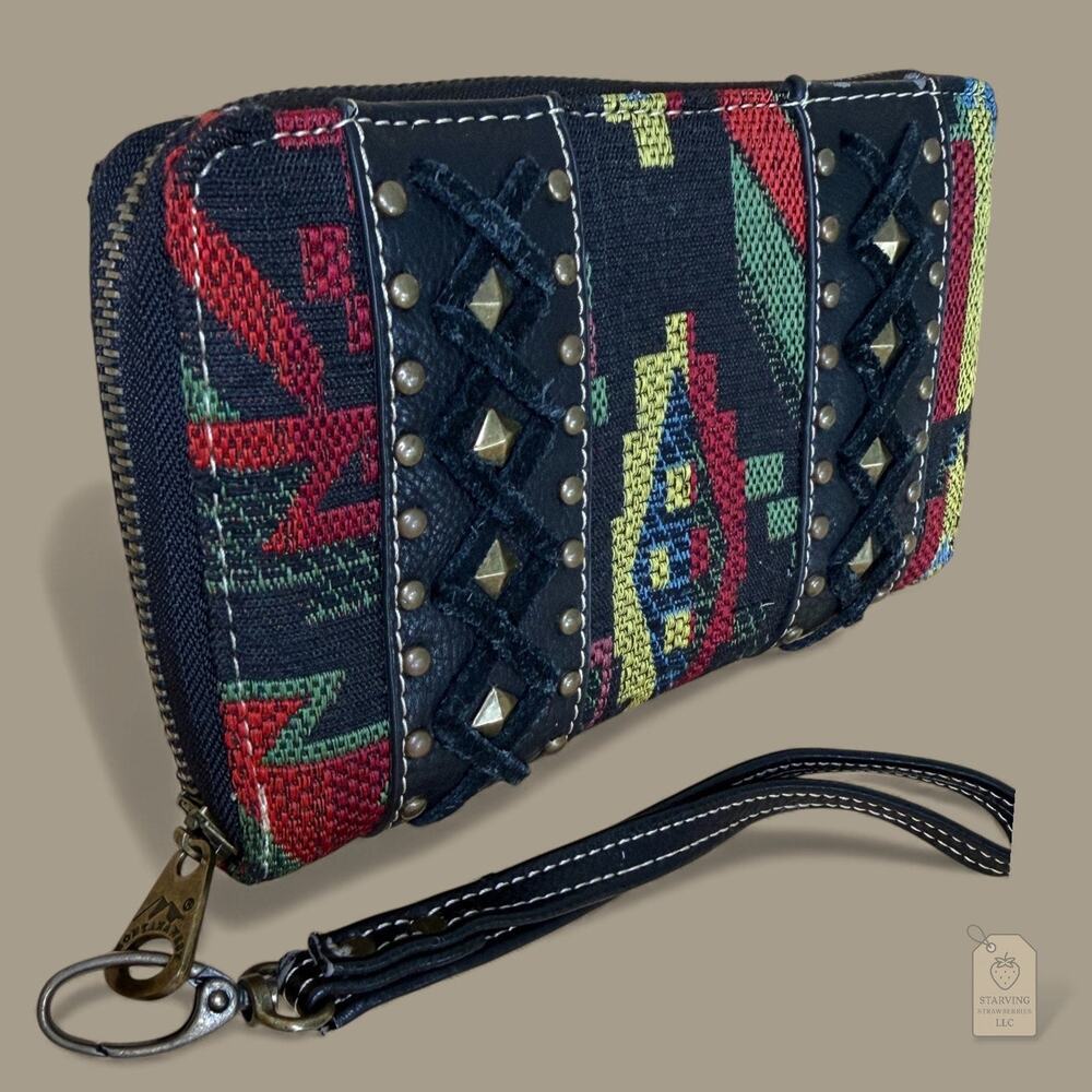 Montana West Geometric Woven Wallet Wristlet | Studded Zip-Around - Picture 2 of 7